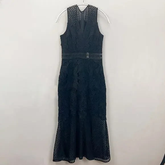 Jonathan Simkhai Black Lace & Crochet Corded Fluted Midi Dress, Sz 0 NWT - Picture 4 of 9